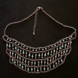 Layered bib necklace, vintage lobster claw closure. Aqua beads brown and white